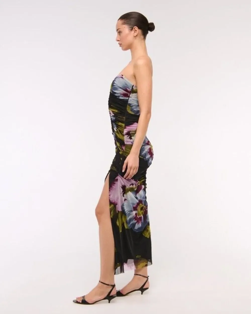 Abercrombie & Fitch Mesh Strapless Ruched Maxi Dress Black Floral Size M